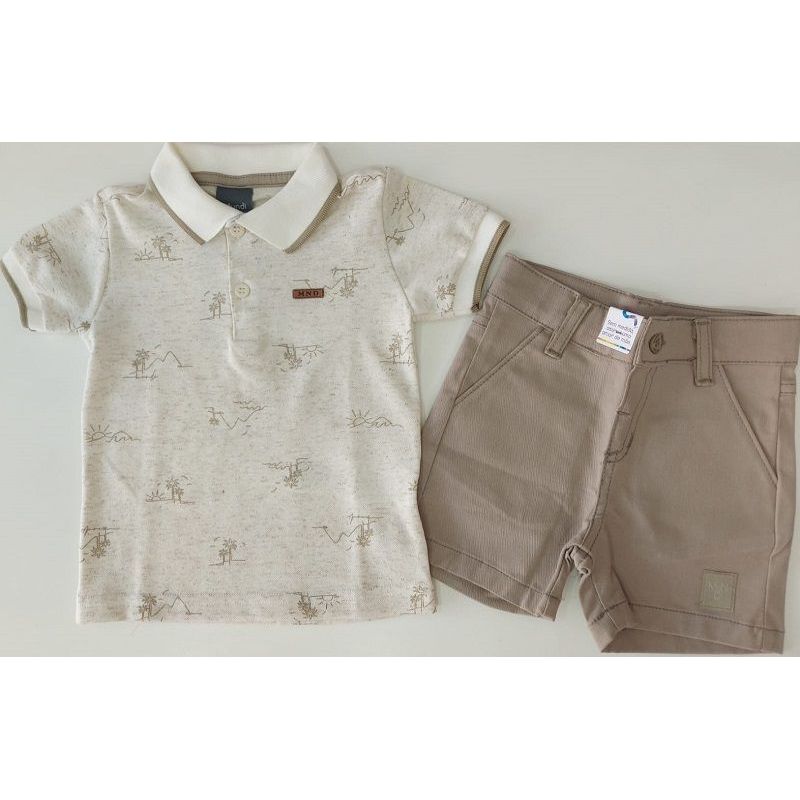 CONJUNTO CAMISA POLO ESTAMPA PRAIA/BERMUDACOM BOLSO EM SARJA BRANDILI