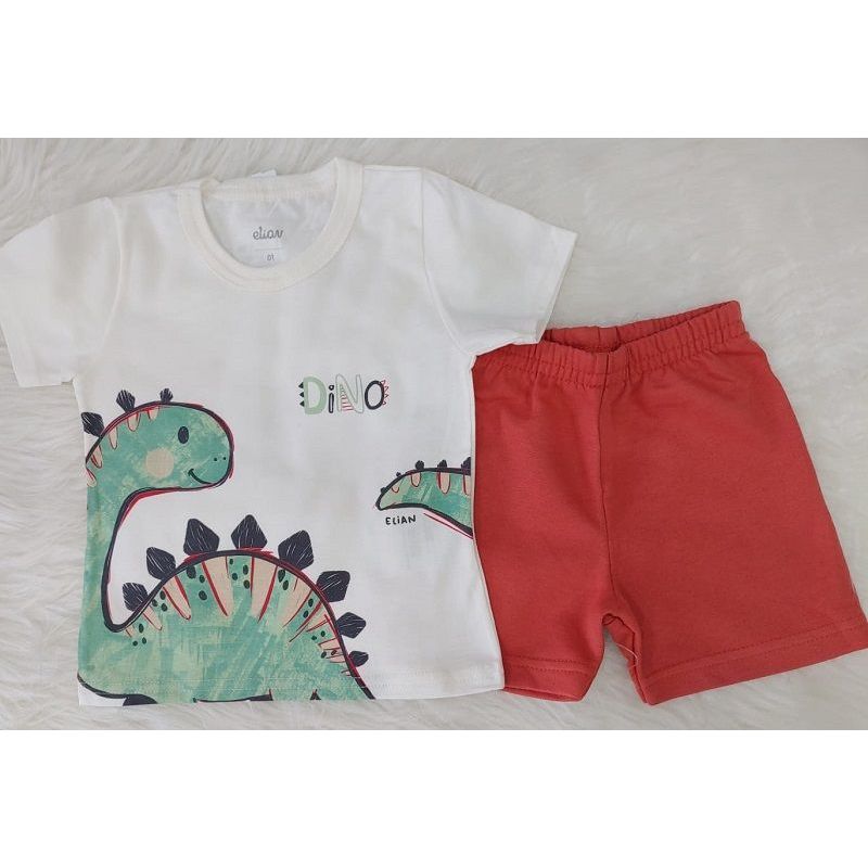 CONJUNTO CAMISETA MANGA CURTA DINO E BERMUDA MOLETOM ELIAN
